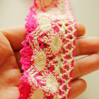 Off White And Fuchsia Pink Embroidery Crochet One Yard Lace Trims Approx. 45mm Wide